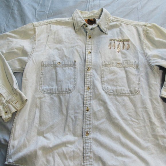 Mens Vtg Native American Wolf Print Denim Button Up Shirt Sz M - Picture 1 of 7